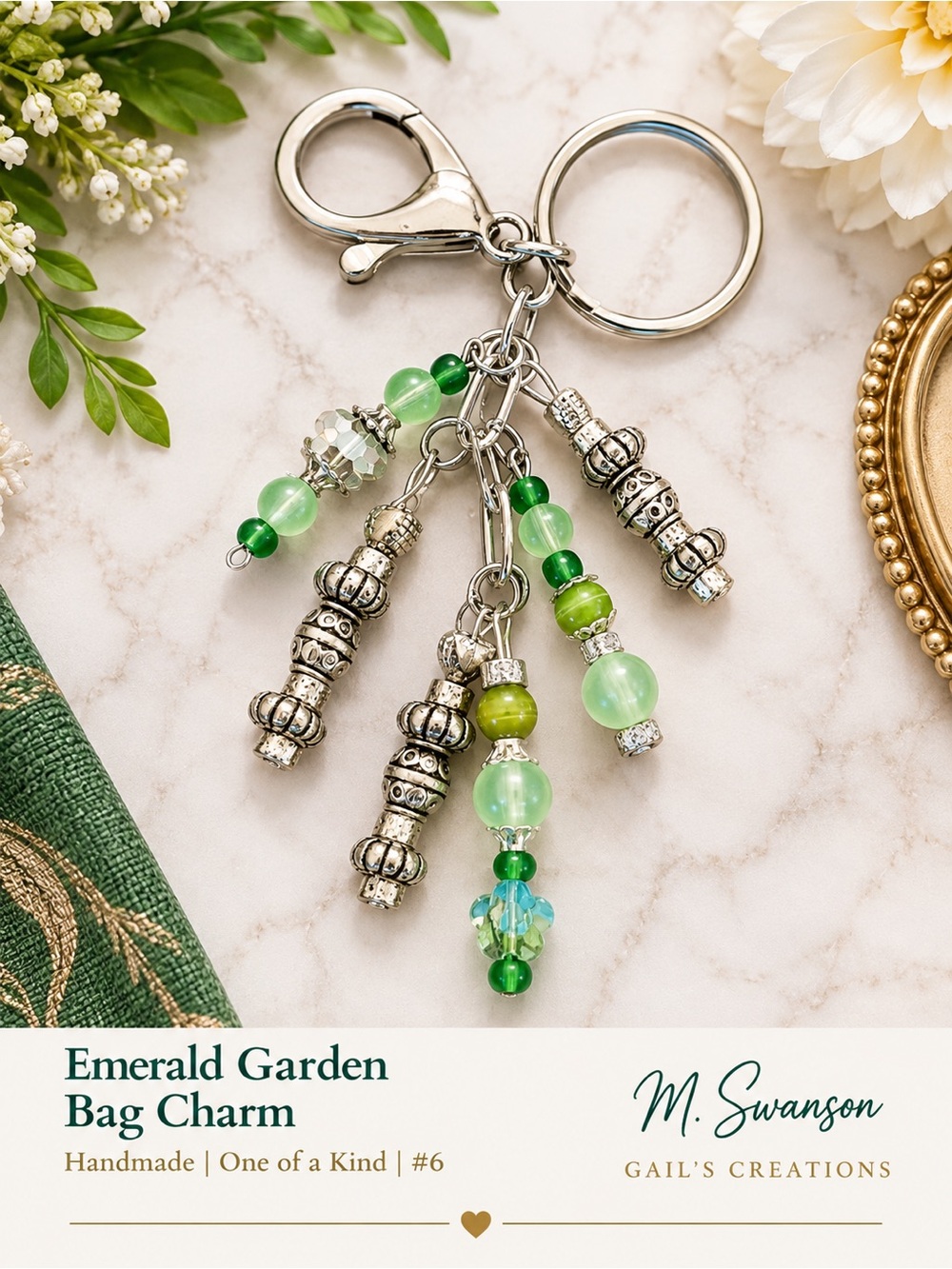 NEW One of a Kind Handmade Garden Collection Emerald Garden Bead Bag Charm (#6)